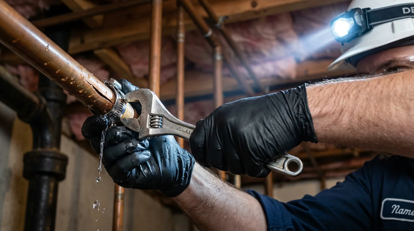 Emergency pipe clamp repair being performed by a Johns Plumbing LLC plumber in San Luis