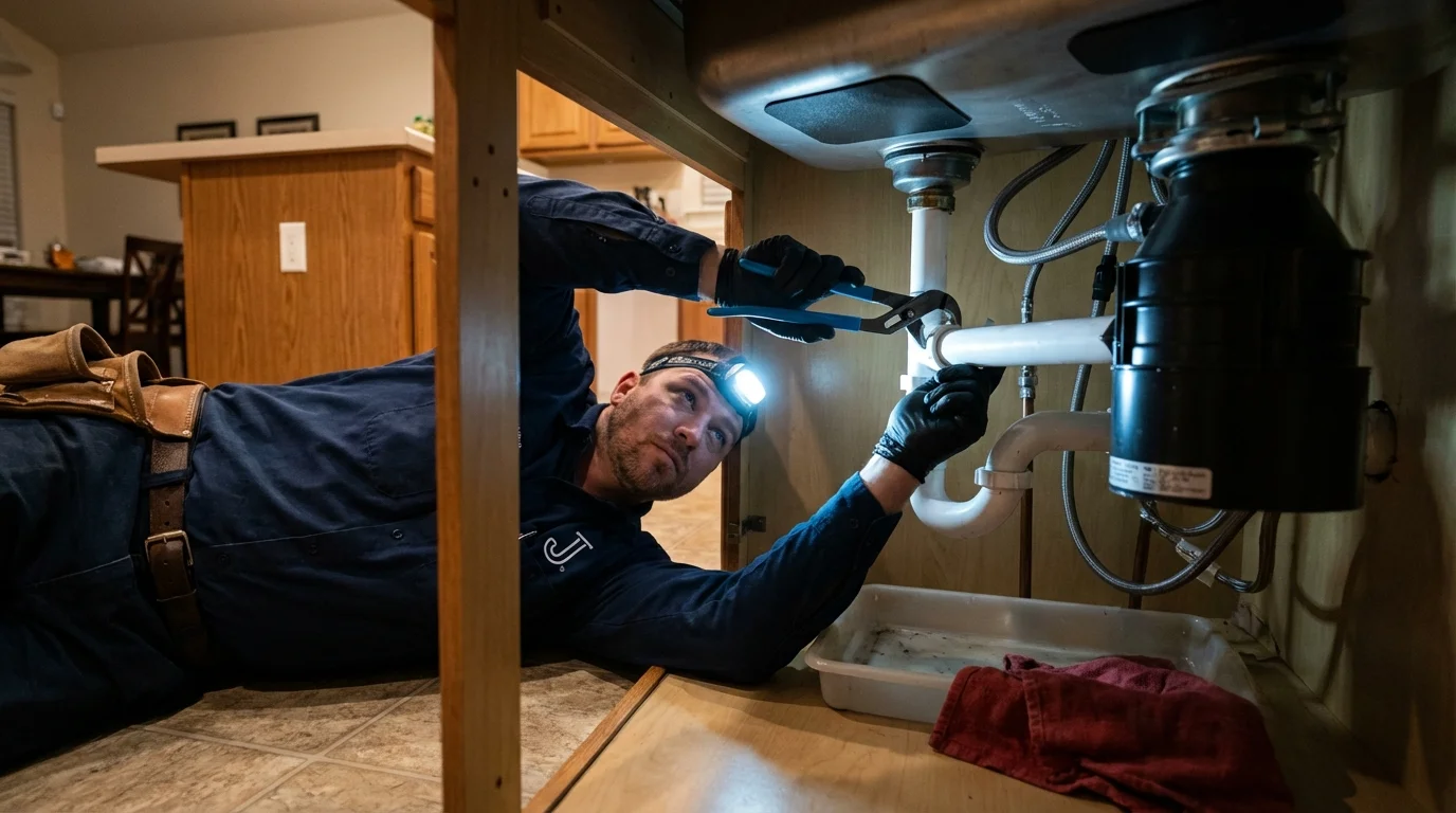 P-trap and supply line connections under a kitchen sink showing a common leak point in San Luis, AZ